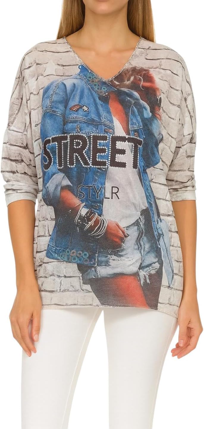 Mississhop Pop Art Trendstarker Damen Feintstrick Pullover Italy Blogger Fashion Style Print Einheit