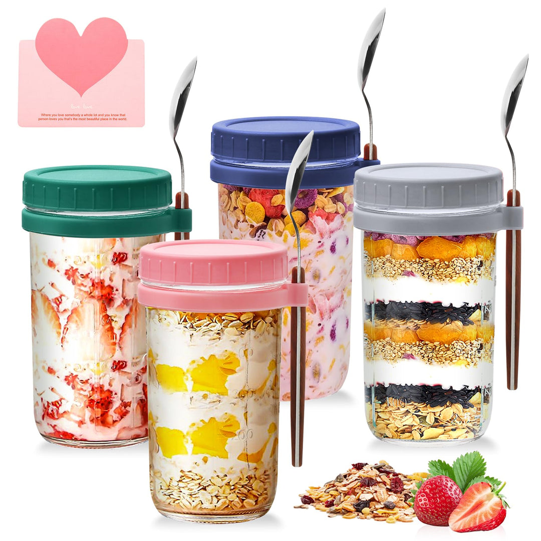 UCAMP 600ml Glas Müslibecher to go mit Deckel und Löffel,4er Set joghurtbecher to go,Einmachgläser O