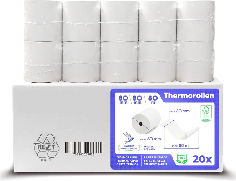 SWIPARO - Thermorollen 80mm x 80m x 12mm - Kassenrollen - Bonrollen zertifiziert für Registrierkasse