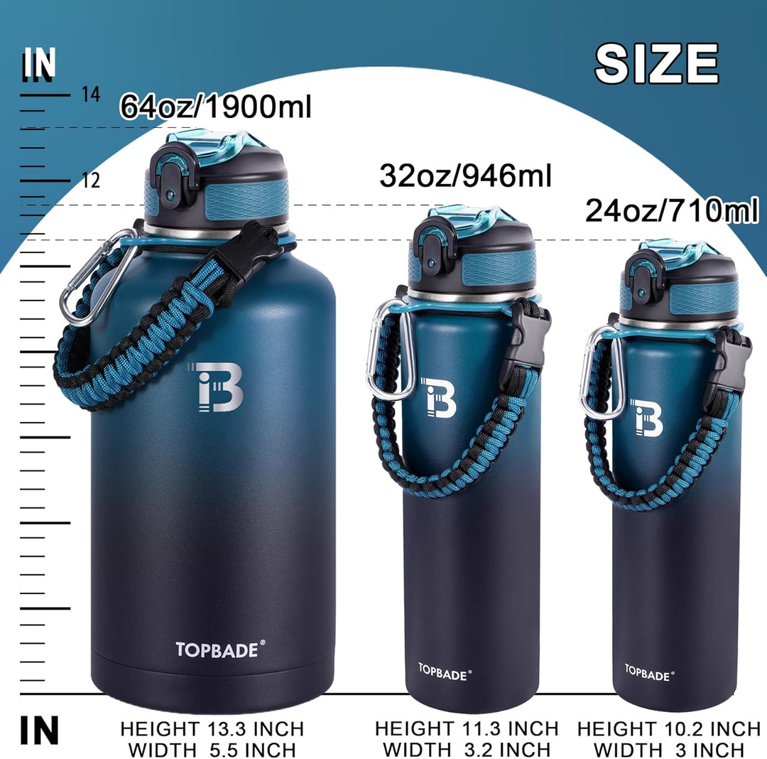TOPBADE Edelstahl Trinkflasche 1,9 Liter, Isolierte Wasserflasche mit 2 Deckel (Strohhalm & no Stroh