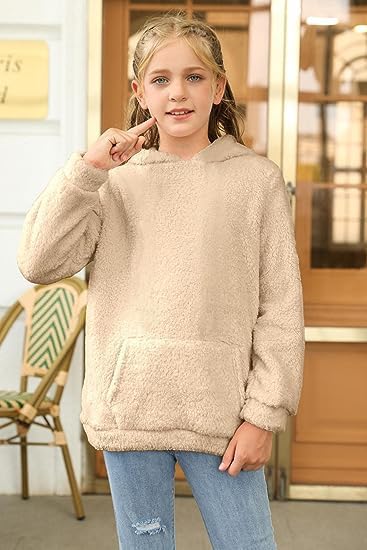 Runcati Pullover Mädchen Kapuzenpullover Fuzzy Teddy Fleece Sweatshirts mit Kapuze Taschen Freizeit