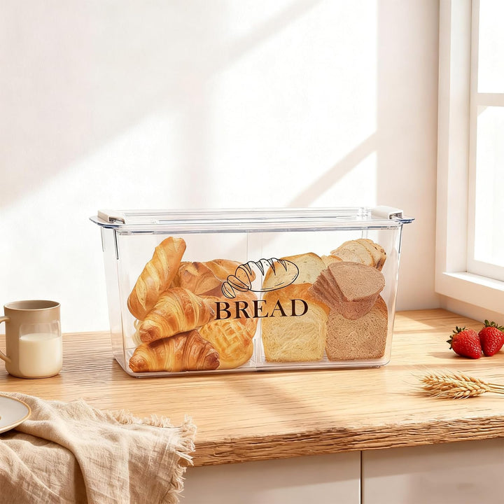 Brotkasten PET Transparent mit Trennwand, Deckel – stapelbare Brotbox mit Clipverschluss als praktis