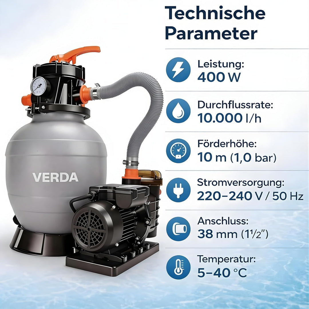 Verda Sandfilteranlage Pumpe 10000 l/h 800g inkl. Filterbällen 10m Förderhöhe 400W Pool Filterpumpe