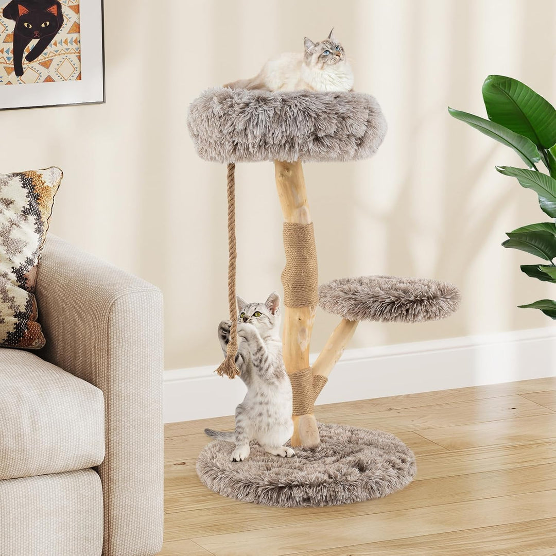 COSTWAY 90 cm Kratzbaum Holz, Katzenbaum mit 3 Plüschsitzflächen, Seil & Kratzpfosten aus Jute, Katz