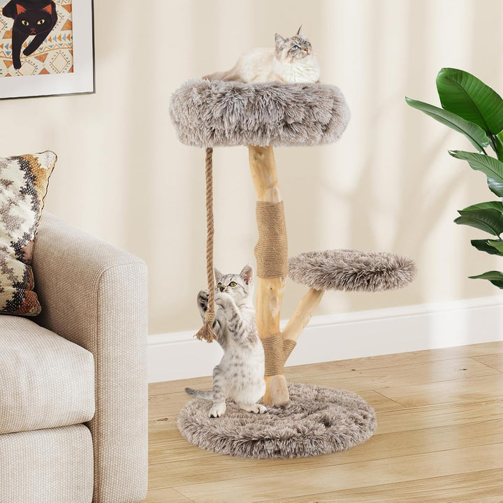 COSTWAY 90 cm Kratzbaum Holz, Katzenbaum mit 3 Plüschsitzflächen, Seil & Kratzpfosten aus Jute, Katz