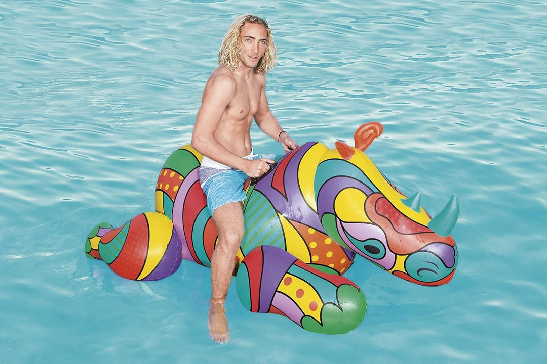 Bestway Inflatable Ride-On Toy with Pop-Art Design Rhino Pool Float, Rhino Pool Float