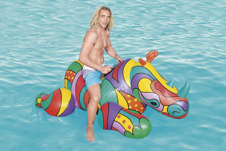 Bestway Inflatable Ride-On Toy with Pop-Art Design Rhino Pool Float, Rhino Pool Float