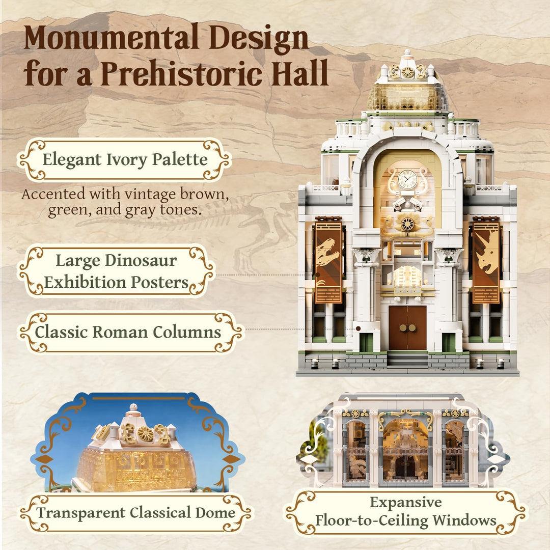 PANTASY Dinosaurier Museum Klemmbaustein Set, Barockes Architekturmodell mit Erweiterbaren Ausstellu