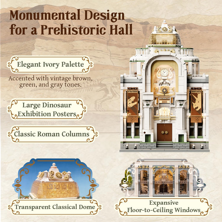 PANTASY Dinosaurier Museum Klemmbaustein Set, Barockes Architekturmodell mit Erweiterbaren Ausstellu