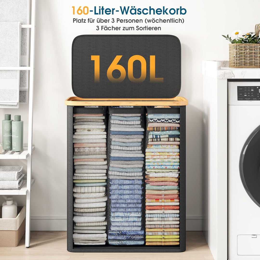 Wäschekorb 3 Fächer 160L, Wäschesammler mit Deckel, Bambusrahmen und 600D wasserdichtem Oxford Stoff