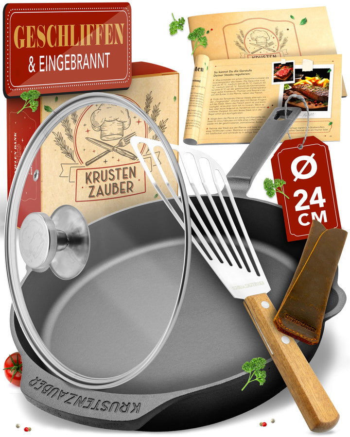 KRUSTENZAUBER Gusseisenpfanne Induktion 24cm inkl. Deckel und Pfannenwender - Geschliffene Pfanne Gu