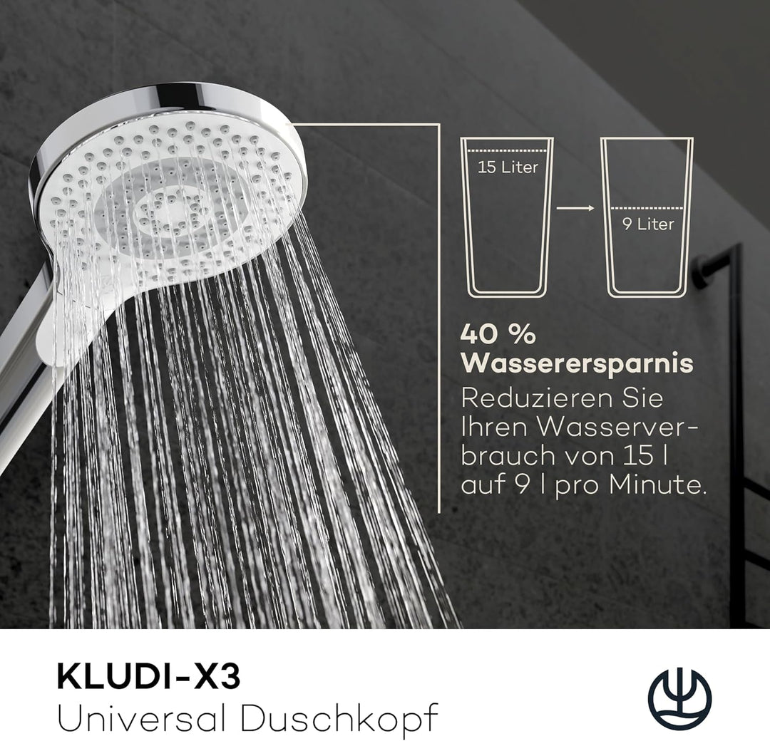 KLUDI-X3 Universal Duschkopf wassersparend als Option, Duschbrause mit 3 Strahlarten (Body, Hair, Sk