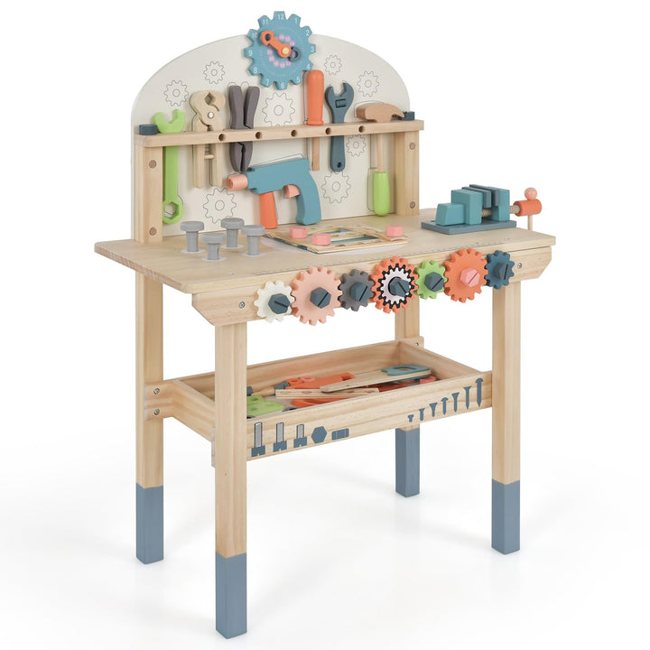 COSTWAY Werkzeugbank für Kinder, Spielwerkbank Holz mit magnetischem Gestell, Ablageregal & Zubehör,