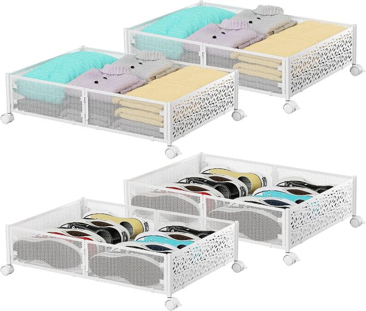 PHINOX Unterbett-Aufbewahrungsbox mit Rollen, 4 Stück faltbare Metall-Unterbettkommode zur Kleiderau