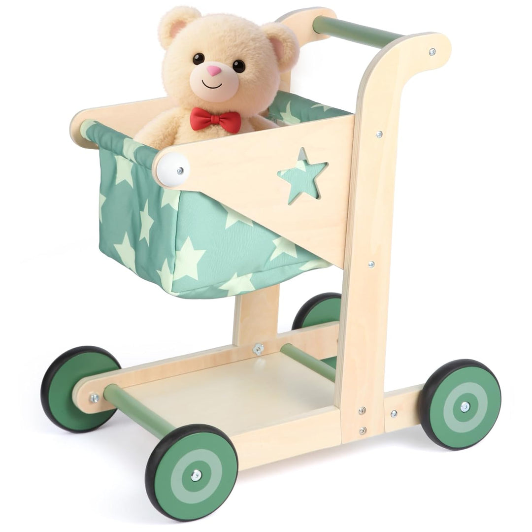 Asweets 2-in-1 Lauflernwagen Holz, Puppenwagen zum Schieben und Ziehen, Baby Walker, Kleinkindspielz