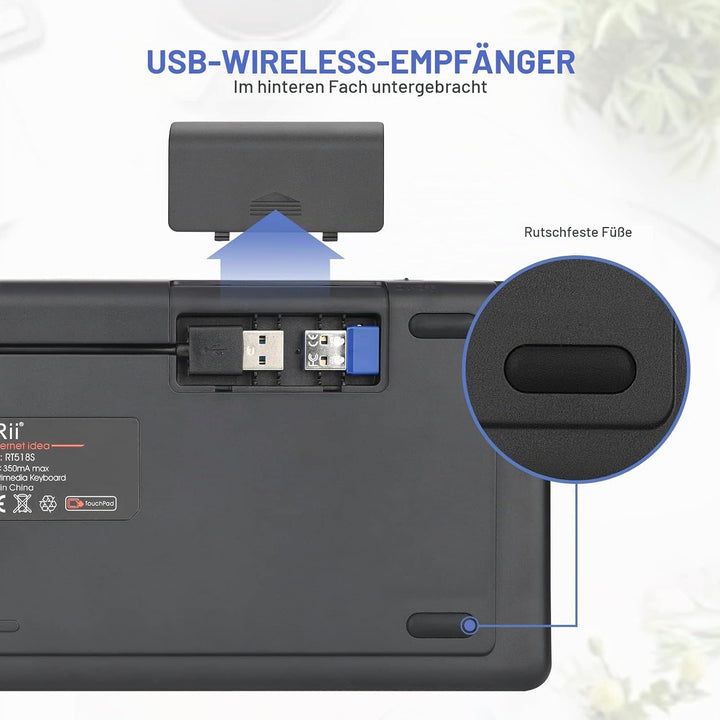 Rii Mini i18S Wireless + Bluetooth Kompakte Tastatur mit grosser Maus Touchpad und LED-Hintergrundbe