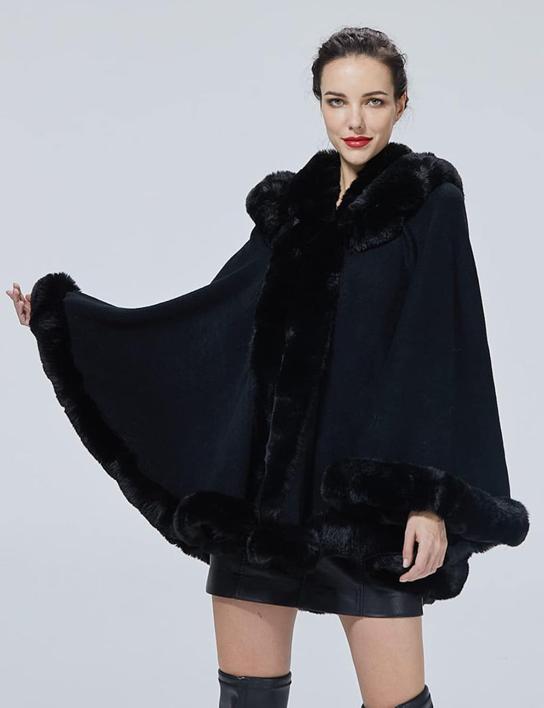 BEAUTELICATE Damen Kunstpelz Strick Poncho Cape Warm Umhang Gestrickt mit Kapuze Cardigan Brautjacke