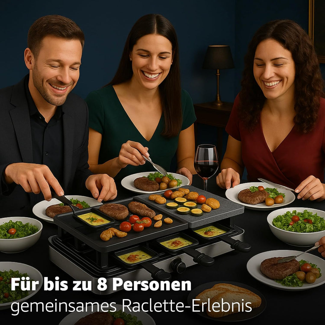 8 Personen Raclette Set - Tischgrill inkl. Pfännchen & Schaber - Grillplatte & Steinplatte antihaftb
