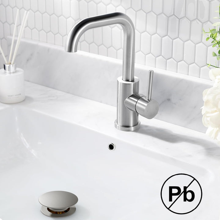 FORIOUS Wasserhahn Bad Hoch mit Ablaufgarnitur，360° Drehbar Edelstahl Waschtischarmatur Hoch mit War