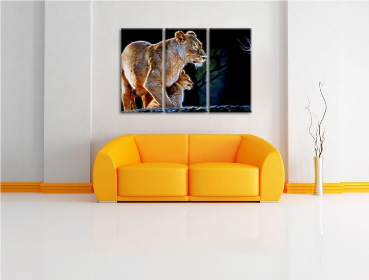 Dark Löwenmutter mit Jungtier Spezial 3-Teiler Leinwandbild 120x80 Bild auf Leinwand, XXL riesige Bi