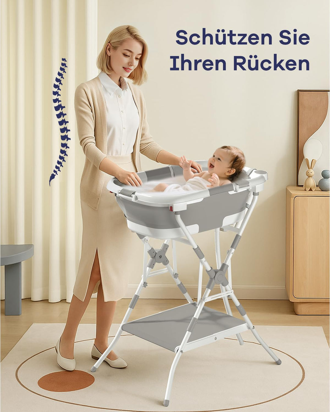 2-in-1 Baby Badewanne mit Gestell, Faltbare Badewanne Baby mit Badestütznetz, Geeignet für Neugebore