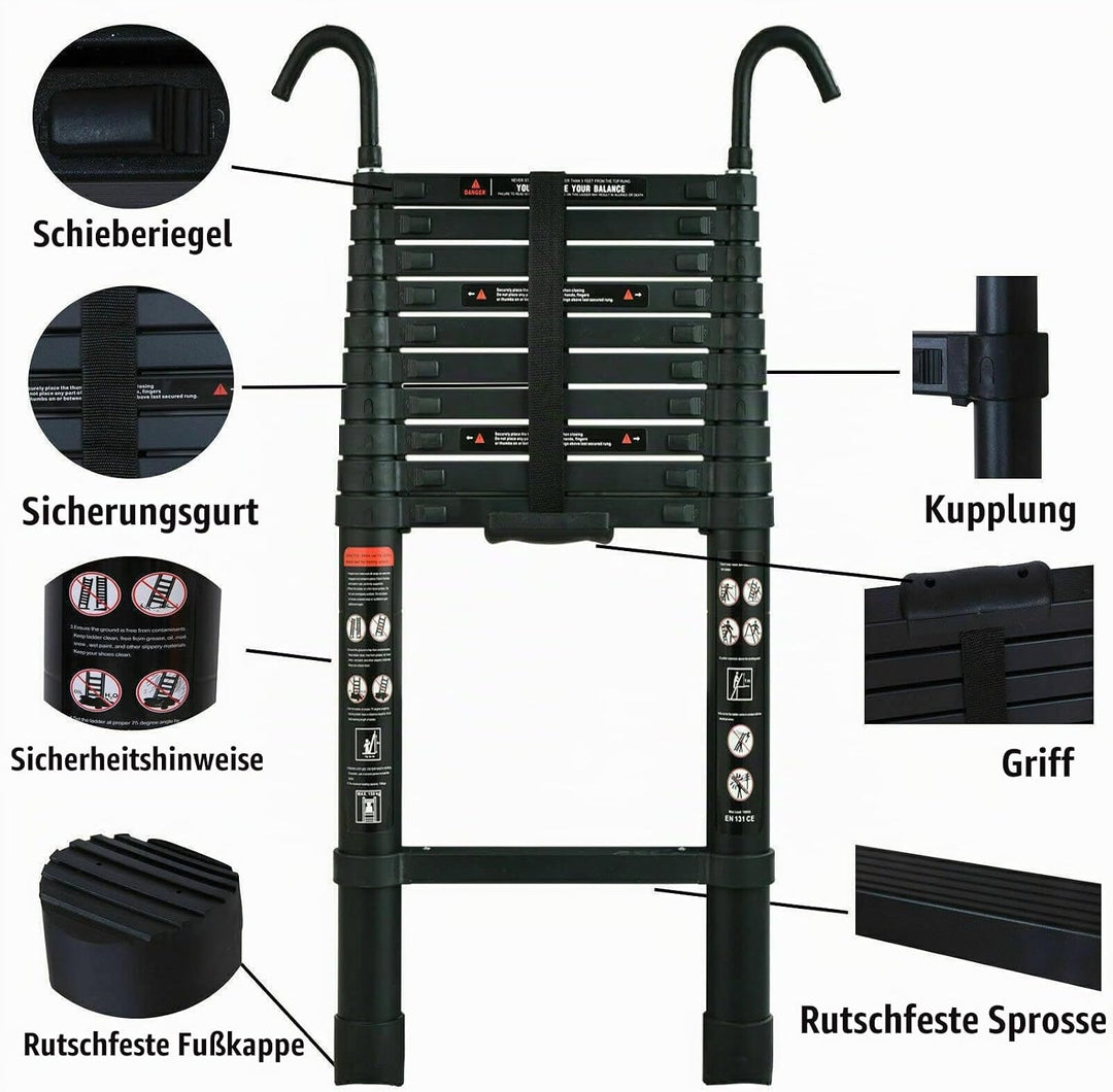 10,5FT Telescopic Ladder Aluminum Extension Ladder with Detachable Hooks Safe &amp; Compact, Collapsible