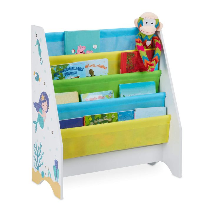 Relaxdays Kinder Bücherregal, 4 Hängefacher, Meerjungfrau Kindermotiv, HBT: 71x62x29 cm, Bücheraufbe
