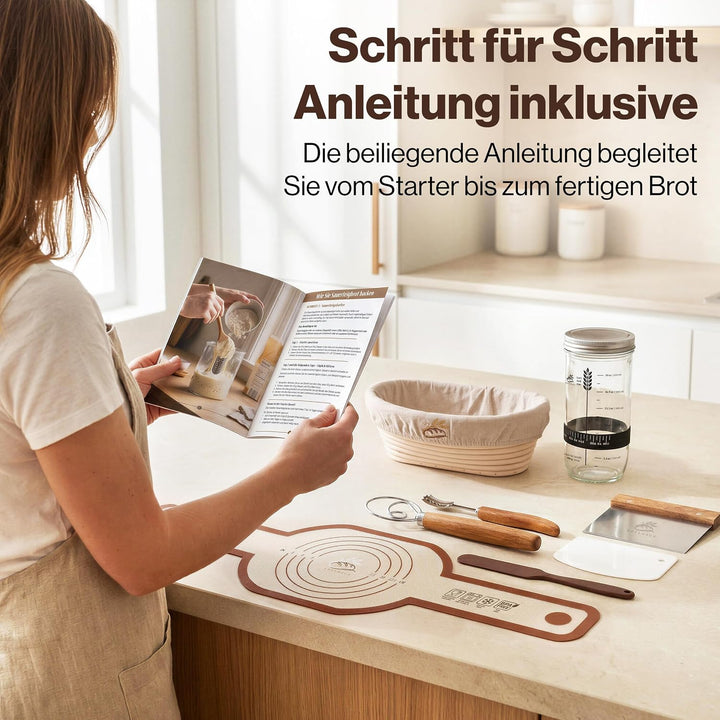 EDELHAUS Gärkörbchen Set 7-teilig zum Brotbacken, komplettes Sauerteig Brotbackset mit Sauerteig Gla