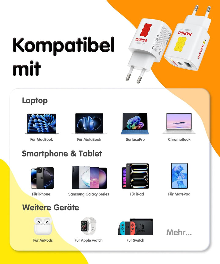 Haribo 45W USB C Ladegerät, 2-Port Schnellladegerät PPS USBC Netzteil GaN Charger für Samsung Galaxy