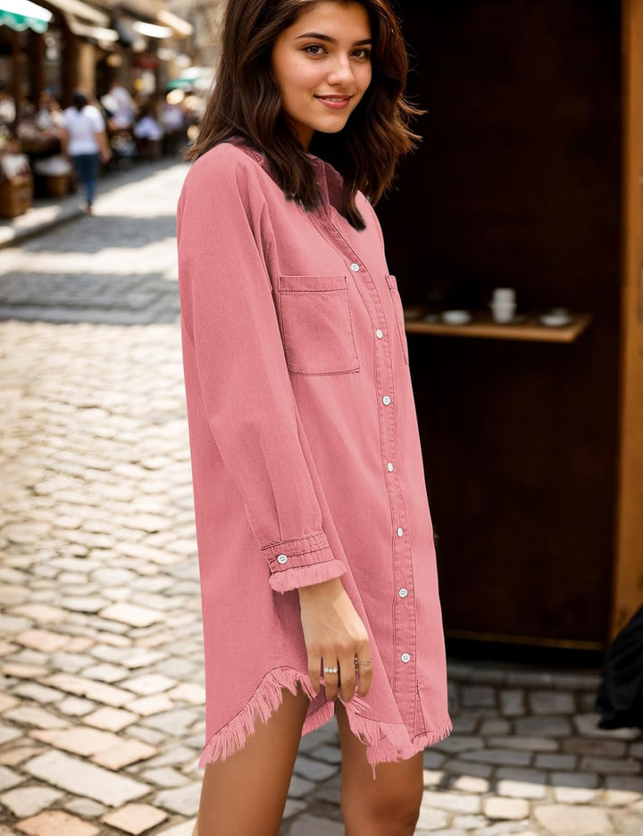 Zilcremo Damen V-Ausschnitt Blusenkleid Hemdkleid Jeanskleider Langarm Knopf Runter Shirtkleid Tunik