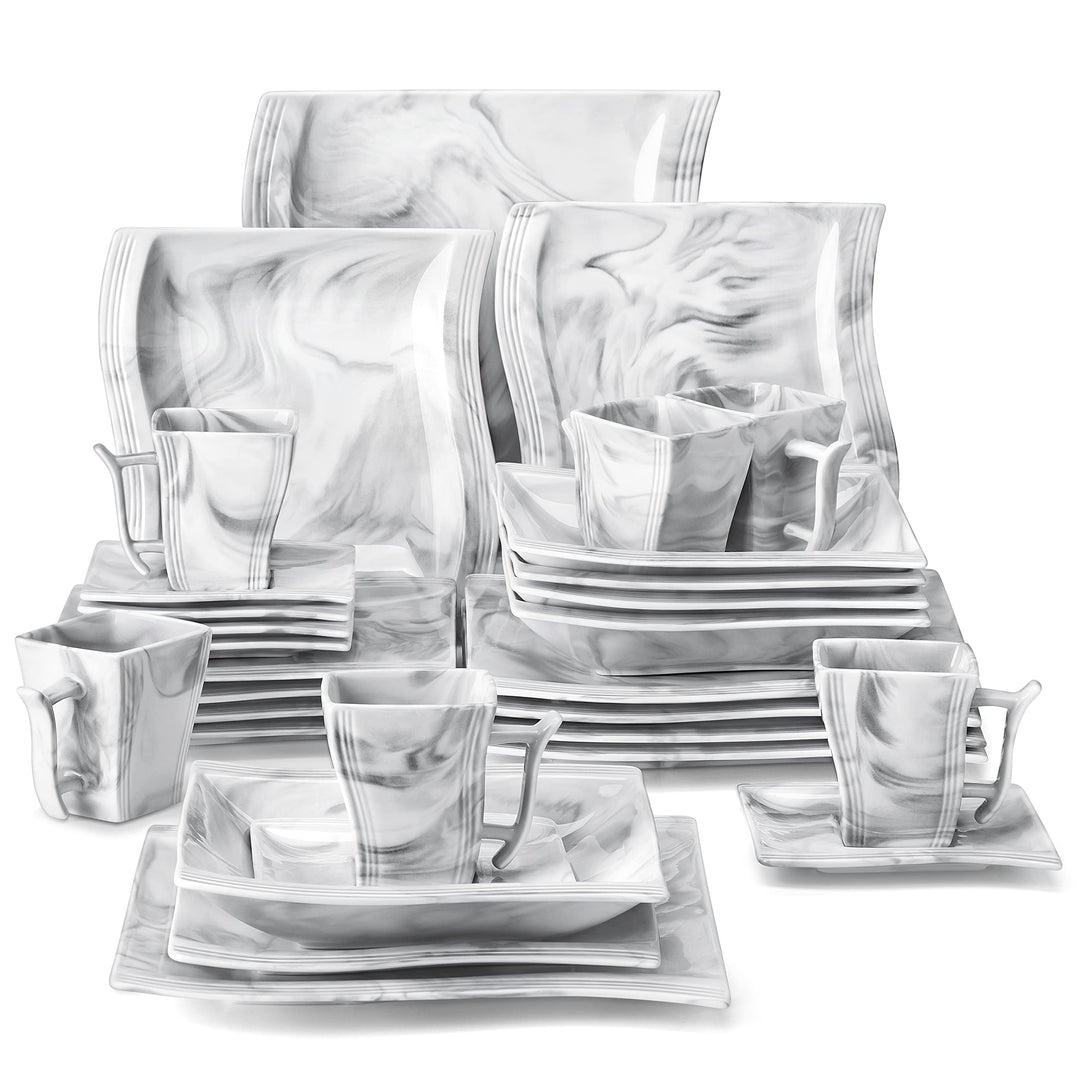 MALACASA, Serie Flora, 30 tlg. Marmor Porzellan Geschirrset Kombiservice Tafelservice mit je 6 Kaffe