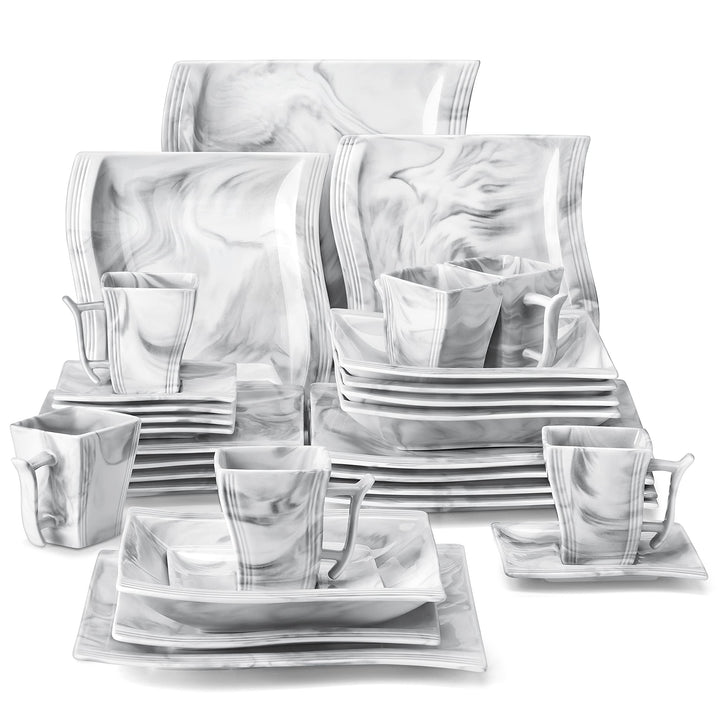 MALACASA, Serie Flora, 30 tlg. Marmor Porzellan Geschirrset Kombiservice Tafelservice mit je 6 Kaffe
