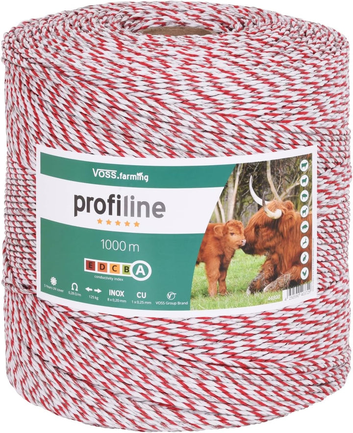 VOSS.farming Weidezaunlitze Profiline 1000m, 1x0,25 Kupfer, 8x0,2 NIRO, Weiss Rot Elektrozaun Elektr