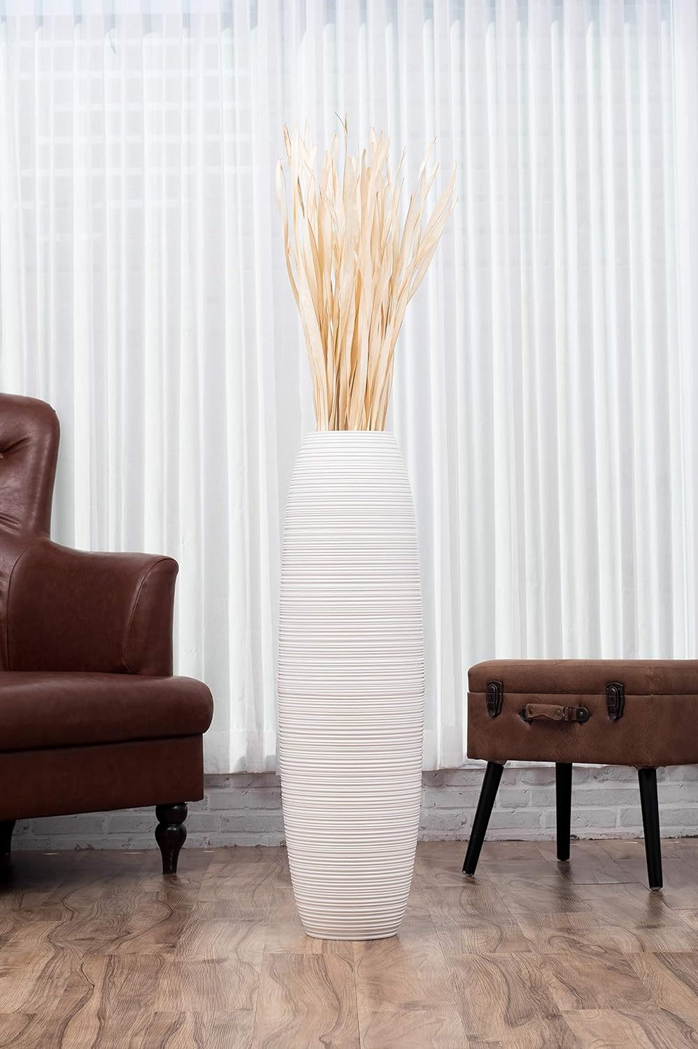 Leewadee Grosse Bodenvase für Dekozweige hohe Standvase Design Holzvase, Holz, 90 cm, Weiss 90 cm We
