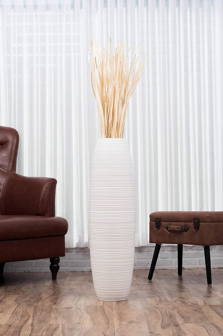 Leewadee Grosse Bodenvase für Dekozweige hohe Standvase Design Holzvase, Holz, 90 cm, Weiss 90 cm We
