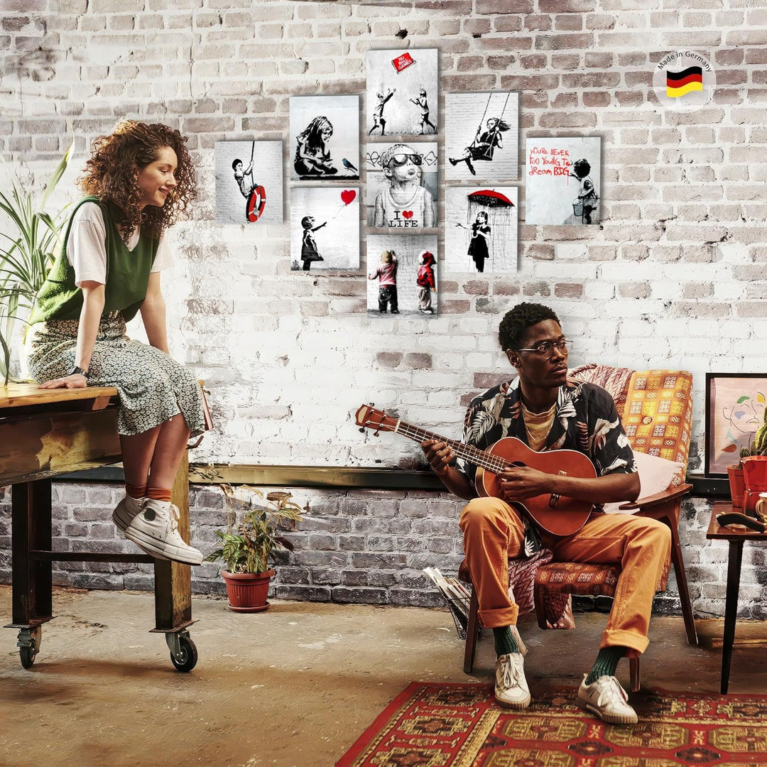 Novart Wandbilder Banksy - KOMPLETT AUFHÄNGFERTIG - Collage Loft Wohnzimmer- 9 Moderne Bilder Set -
