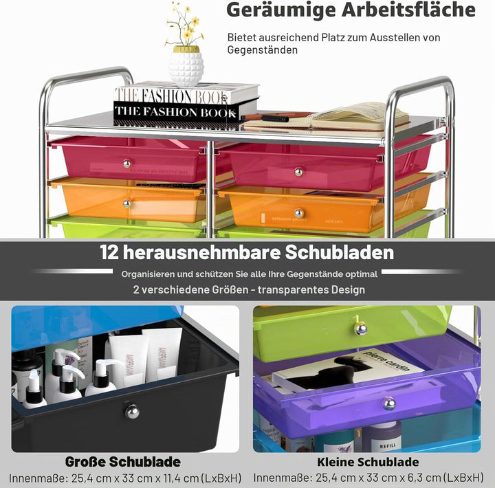 GIANTEX Rollwagen mit 12 Schubladen stapelbar, Schubladenwagen Badrollwagen Küchenwagen mit feststel