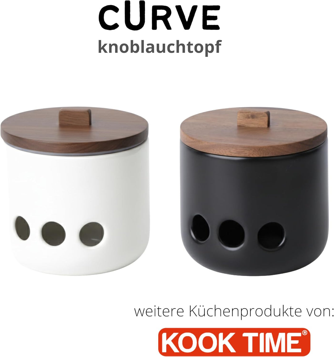 Knoblauchtopf Keramik CURVE - Belüftete Vorratsdose mit Deckel aus Akazienholz. Knoblauchbehälter fü