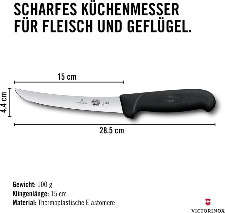 Victorinox Fibrox Ausbeinmesser, Scharfes Küchenmesser für Fleisch und Geflügel, 15 cm, Gebogene Kli