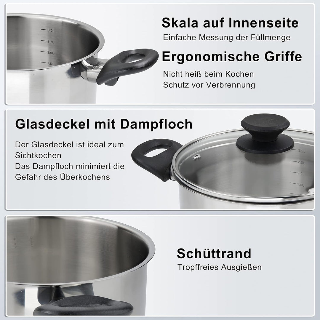 Linnuo Topfset Induktion Kochtopf Set Edelstahl Töpfe mit Glasdeckel Griff nicht heiss, Kochgeschirr