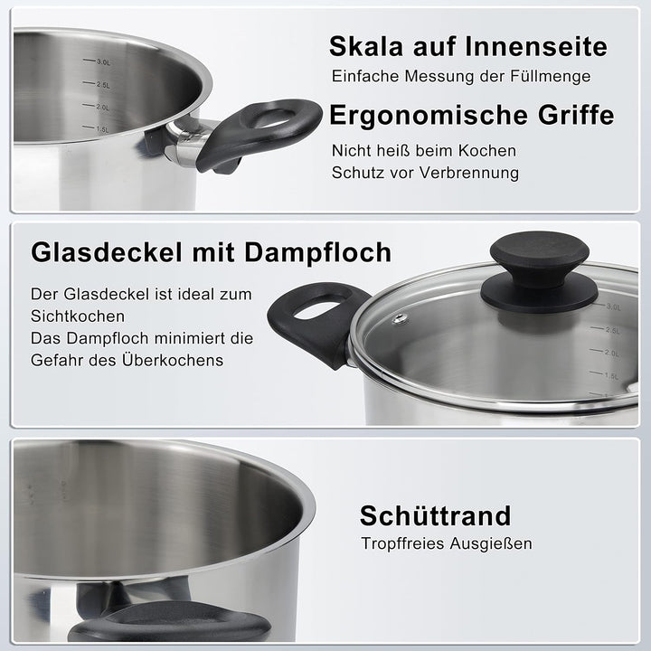 Linnuo Topfset Induktion Kochtopf Set Edelstahl Töpfe mit Glasdeckel Griff nicht heiss, Kochgeschirr