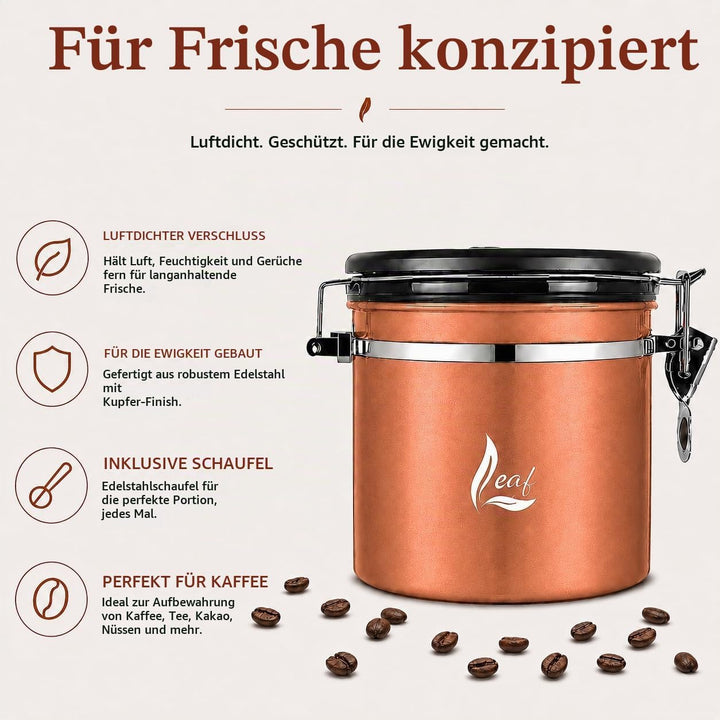 Leaf Kaffeedose luftdicht Edelstahl 1000 ml – hält Kaffee deutlich länger frisch – mit CO₂ Ventil &amp;