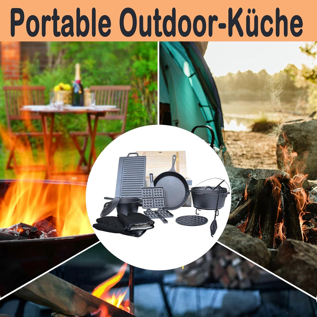 Dutch Oven Set 12-teilig in Holzkiste BBQ Feuertopf mit Füssen und Deckel, Gusseisen Topf Schmortopf