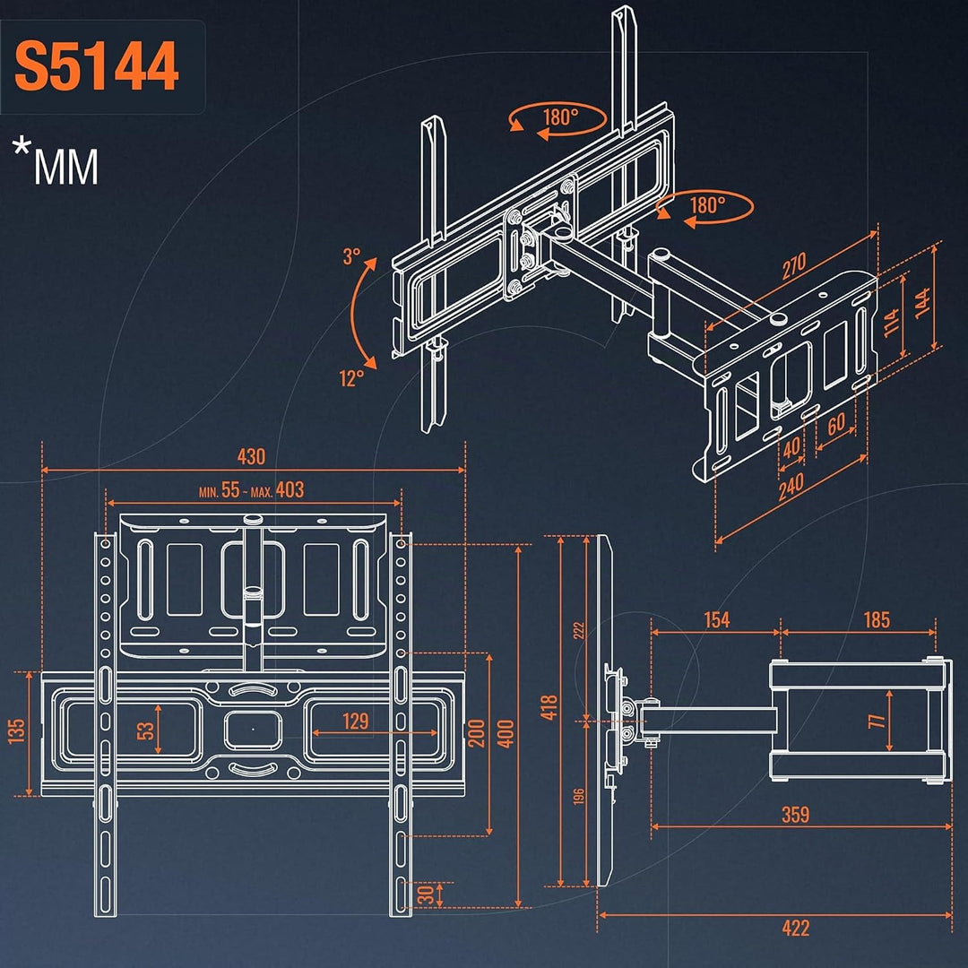RICOO S5144 TV Wandhalterung Schwenkbar für 40-65 Zoll Wandhalterung Fernseher Halterung bis 50 Kg V