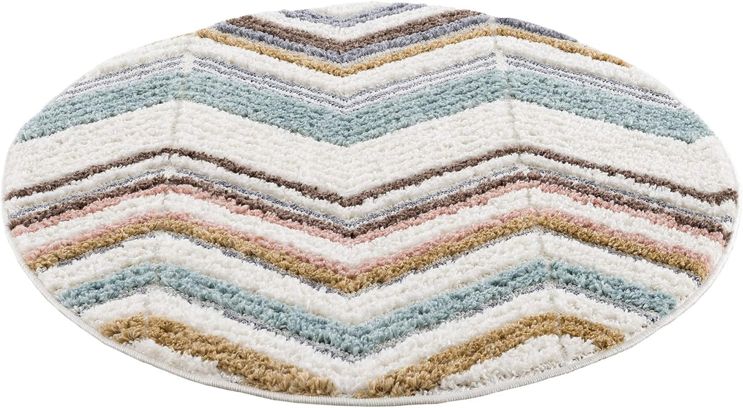 payé Teppich Rund - Hochflor - 120x120cm - Boho - Geometrisch Zick Zack - Muster -Pastellfarben Mult
