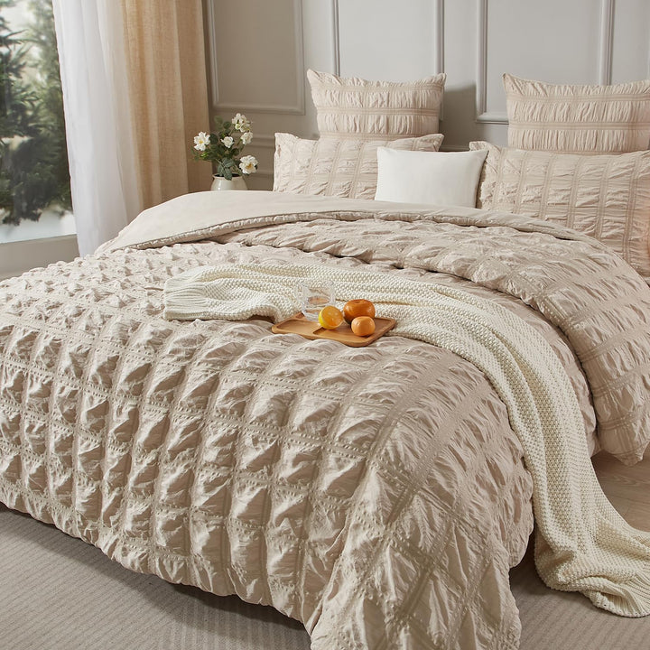 Luofanfei Beige Seersucker Bettwäsche 135x200 Sommer Kühlende Gestreiftes Karierte Uni Muster Sommer
