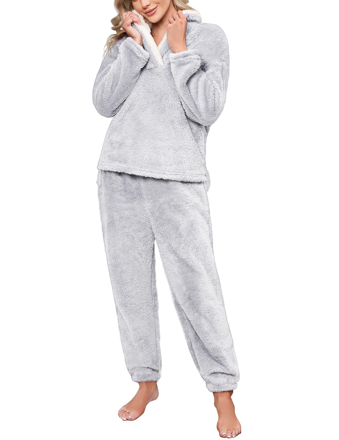 Schlafanzug Damen Winter Thermo Pyjama Lang Fleece Hausanzug Kuschelig Warm Pyjama Set Flauschig Fre
