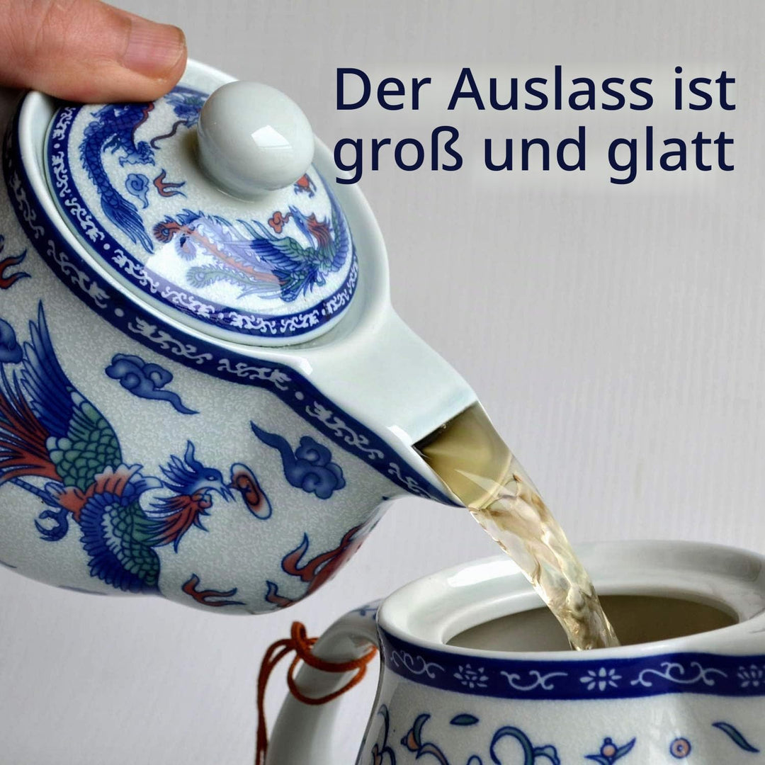 Yxhupot Teekanne 425 ml Blau Weiss Porzellan China Edelstahl Infuser Blume (Cihu Mudan), Weiss