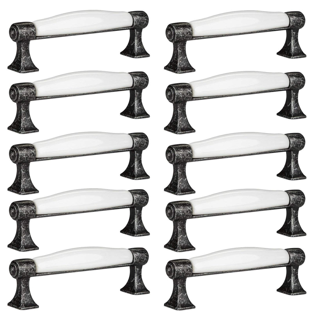 SO-TECH® 10er SET Schubladengriffe MARIE Porzellangriffe Weiss Altsilberoptik BA 96 mm 10x Altsilber