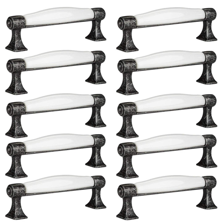 SO-TECH® 10er SET Schubladengriffe MARIE Porzellangriffe Weiss Altsilberoptik BA 96 mm 10x Altsilber